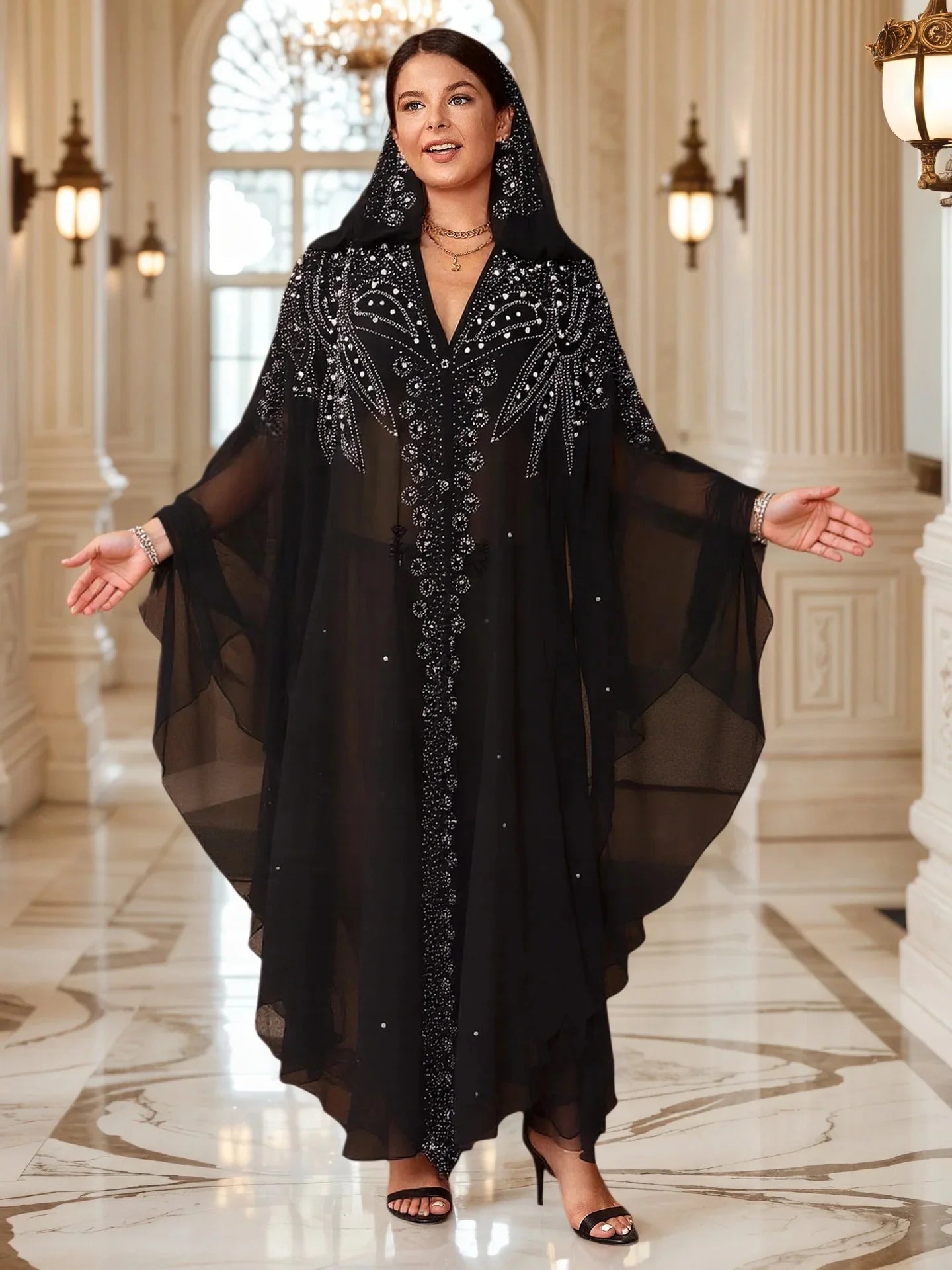 Muslim Long Robe Dubai Bead Abaya Hooded Cloak Shoulder with Hat Middle East Muslim Women's Fashion Outerwear
