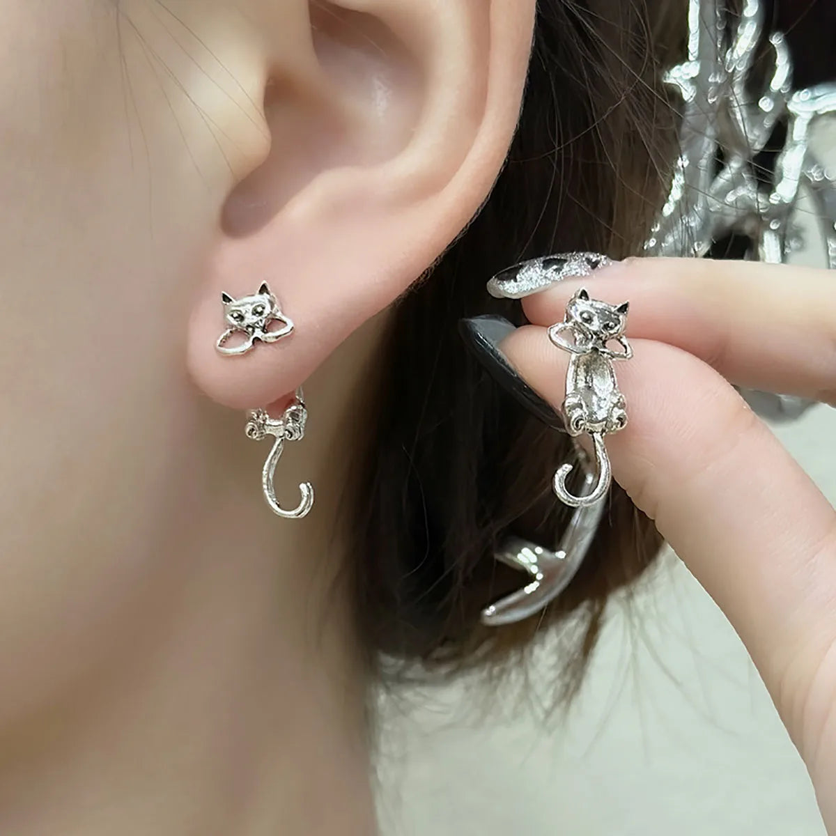 New Romantic Cute Cat For Women Fashionable Design Unique Funny Simple Silver Needle Earrings Jewelry Party Gift