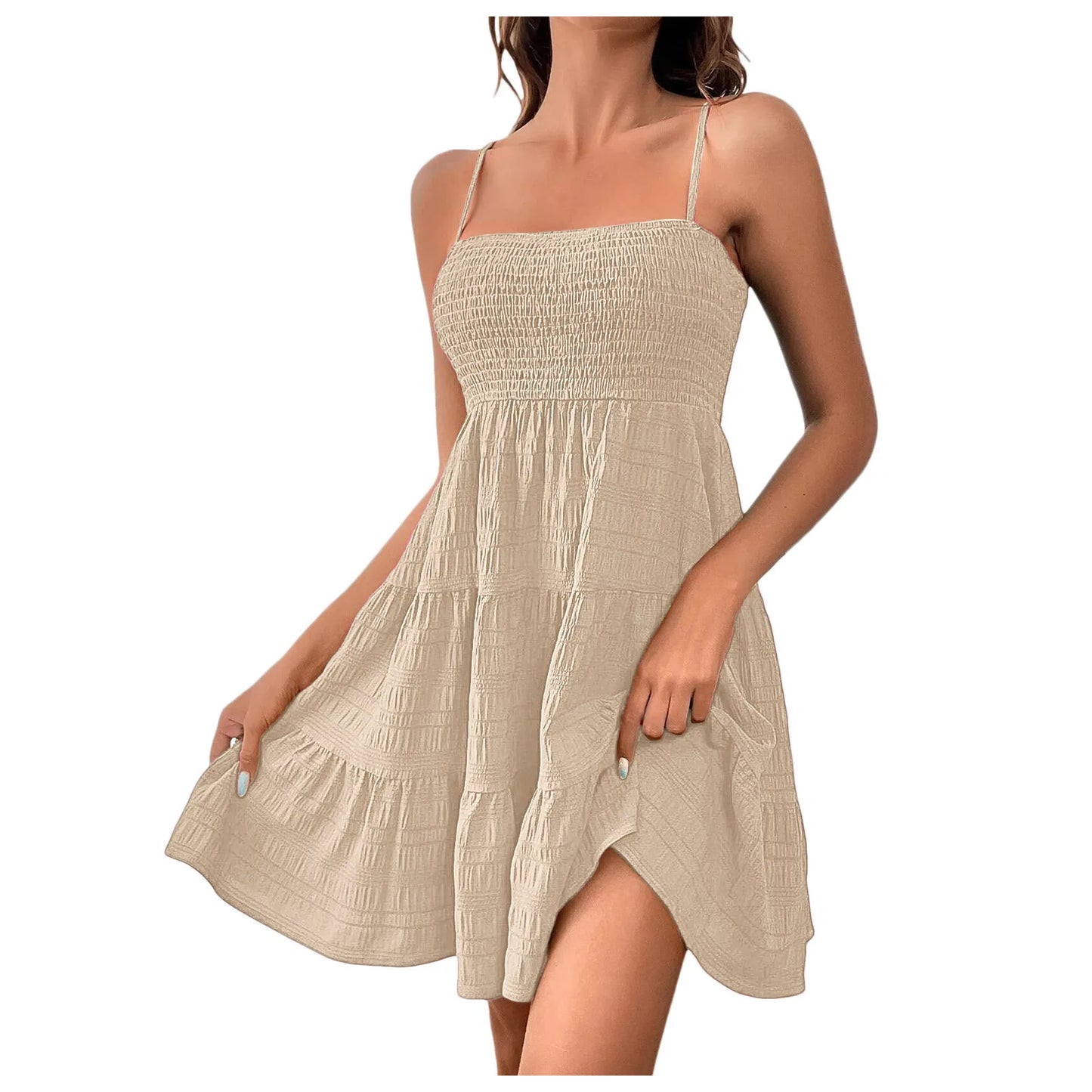 Bohemian Beach Sundress Women Sleeveless Backless Big Swing Mini Dress Solid Spaghetti Strap Ruffles Dresses