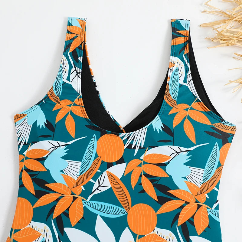 2025 Tropical Print Swimsuit One Piece Knot Side Belted Swimwear Women Padded Bathing Suit Female Swimming Summer Beachwear