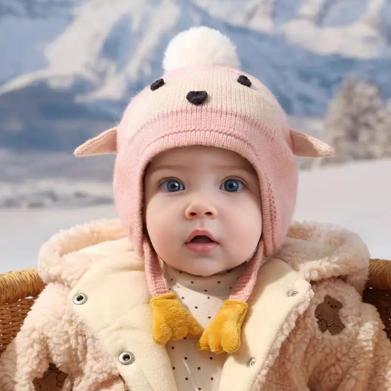 Kids Boys Girls Knitted Hats Winter Thick Warm Cute Cartoon Penguin Beanies Warm Ear Protection Cap for Children 0-4Years Baby