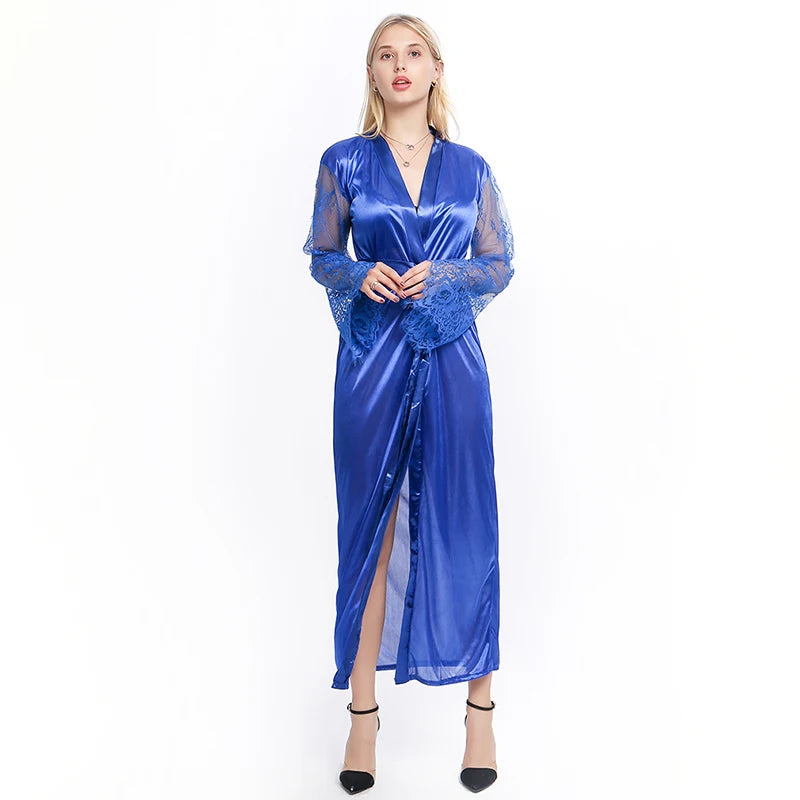 Womens Nightdress Long Lace Lingerie Nightwear Bath Robe Gown Imitation Ice Silk Nightdress Solid Color Nightgown