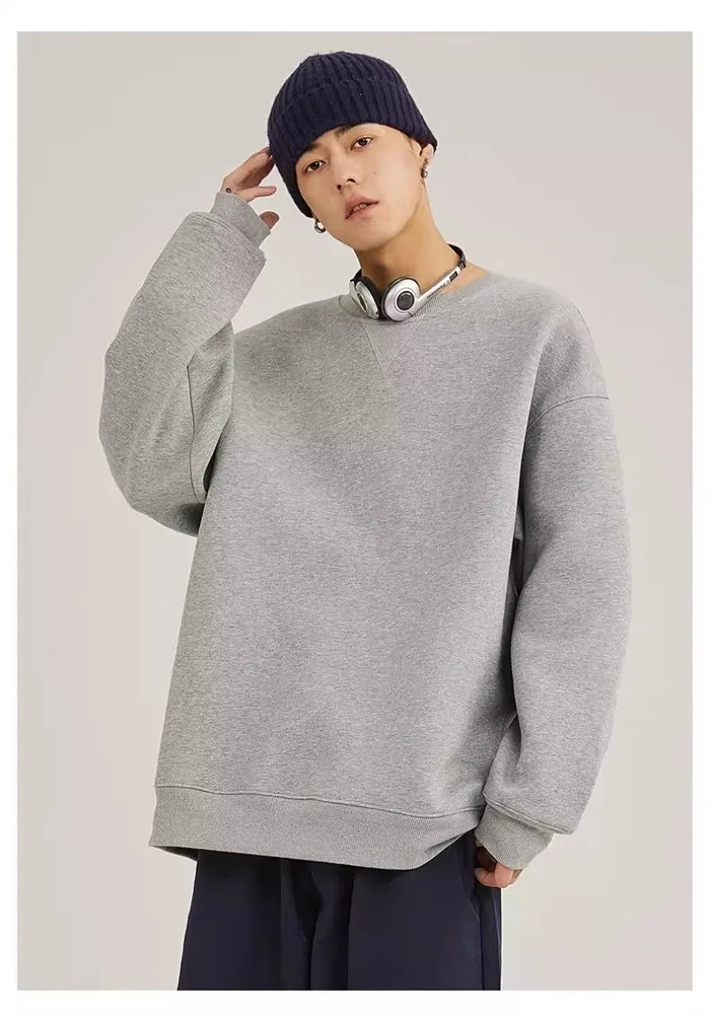 heavy cotton sweater men's autumn new loose and thick long-sleeved t-shirt solid color Japanese crew neck bottoming shirt mon