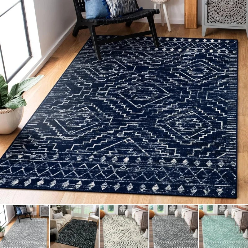 Moroccan Style Carpet for Living Room Retro Washable Farmhouse Bedroom Black Boho Non-Slip Floor Mat Soft Rug for Kitchen Entry