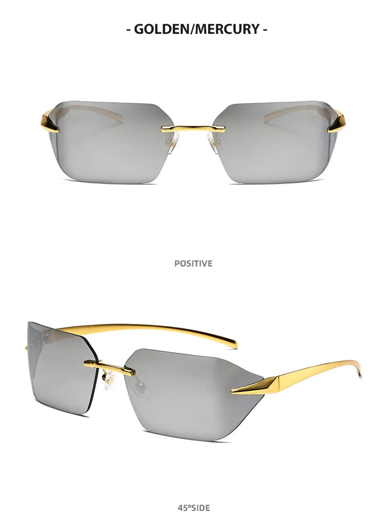 Rimless Men Sunglasses Luxury Brand Curved Lens Summer Traveling Sun Glasses for Women men Frameless Rectangle Shades mon