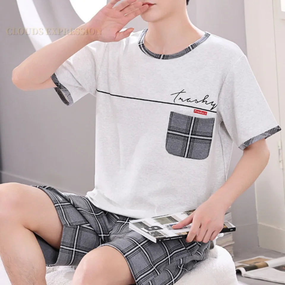 Summer 4XL Knitted Cotton Short Sleeved Men's Pajamas Sets Male Pajama Set Plaid Pajama For Men Sleepwear Suit Homewear mon