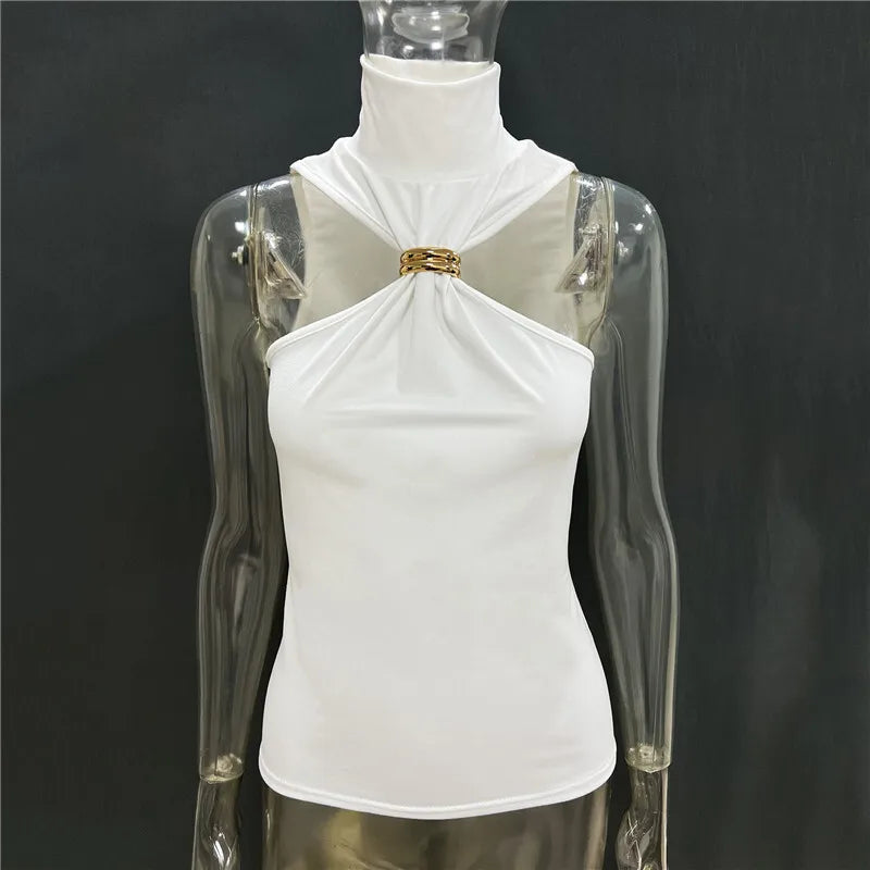 Mozision Turtleneck Basic Knit Tank Tops Women Vest Pullovers Metal Ring Camisole Sleeveless Skinny Knitted Tops Y2K Cropped Top