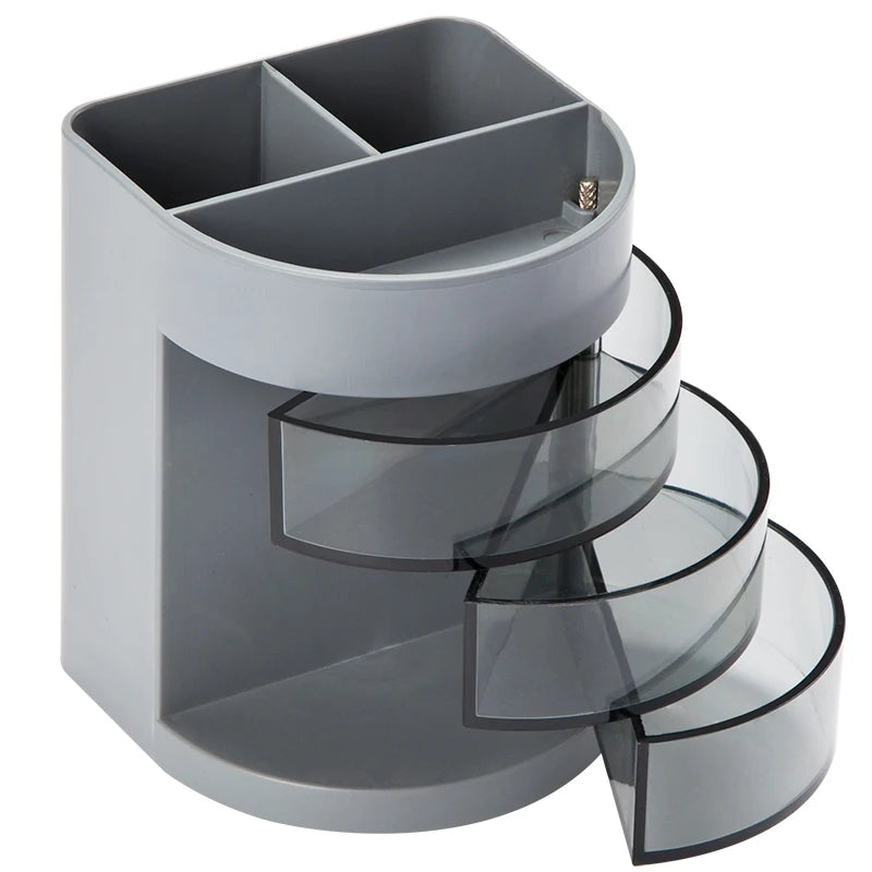 1pc Pen Holder with 3 Rotatable Arc Drawers 3 Compartments Pencil Holder Desktop Storage School Office Supplies
