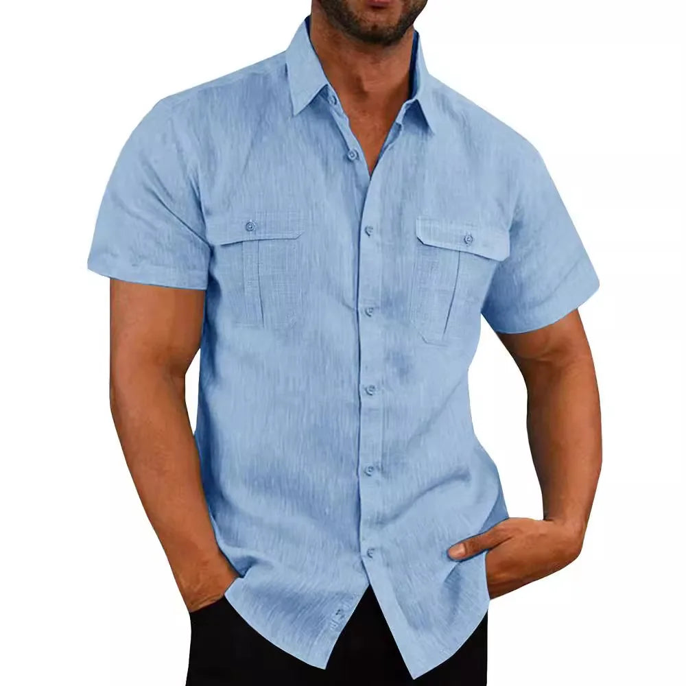 Men's Shirt Double Pocket Cotton Linen Short Sleeve Shirts for Men Casual Holiday Beach Shirt streetwear Solid Color Slim Fit mon