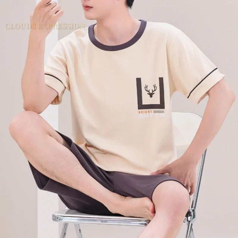Summer 4XL Knitted Cotton Short Sleeved Men's Pajamas Sets Male Pajama Set Plaid Pajama For Men Sleepwear Suit Homewear mon
