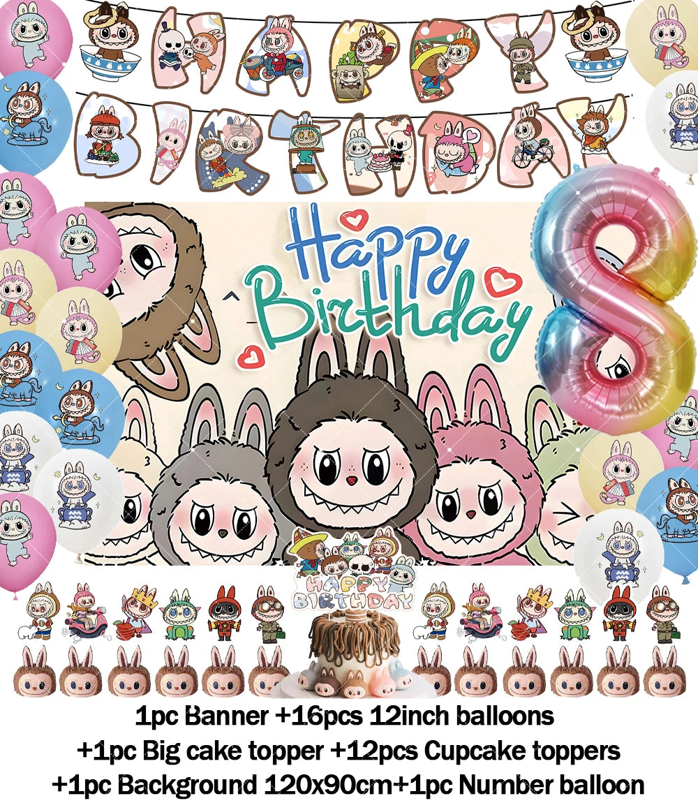 Cartoon LABUBU Theme Kids Birthday Party Banner Background Cake Topper Number Balloon Decoration Props Baby Party Supply Gifts