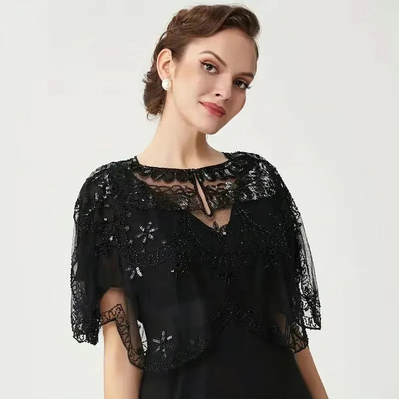 Elegant Baroque Sequin Embroidery Shawl - 1920s Flapper Party Cover Up - Solid Color & Breathable Mesh