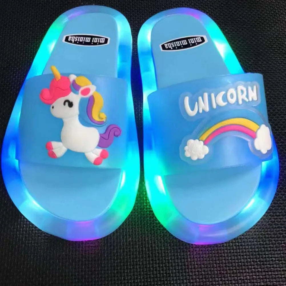 Kinder Hausschuhe für Jungen und Mädchen mit Cartoon-Einhorn-Motiv, mit Tier-Print, beleuchtet, modisch, niedlich, Schuhe, Badezimmer, Kinder, Kleinkinder, Hausschuhe, Kinderschuhe