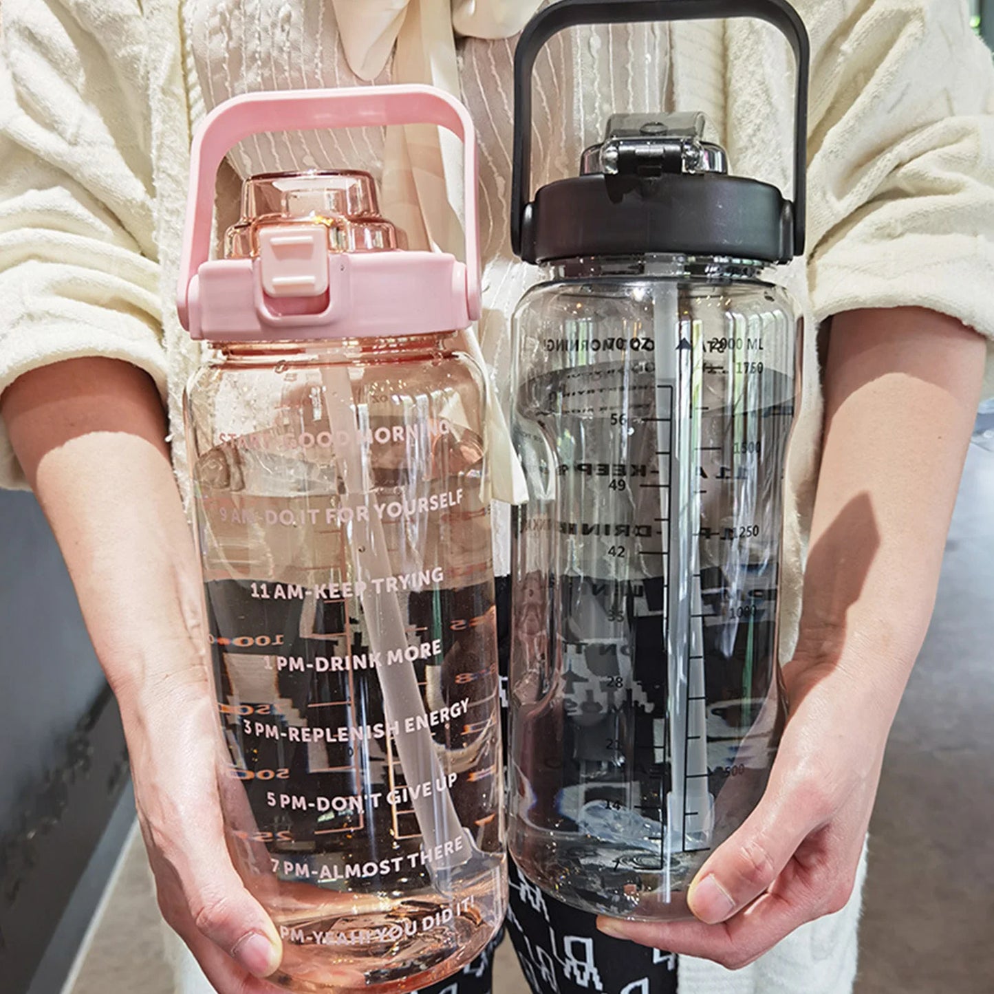 2L Large Capacity Water Bottles Portable Sports Water Bottle With Straw Fitness Bike Cup Summer With Time Marker