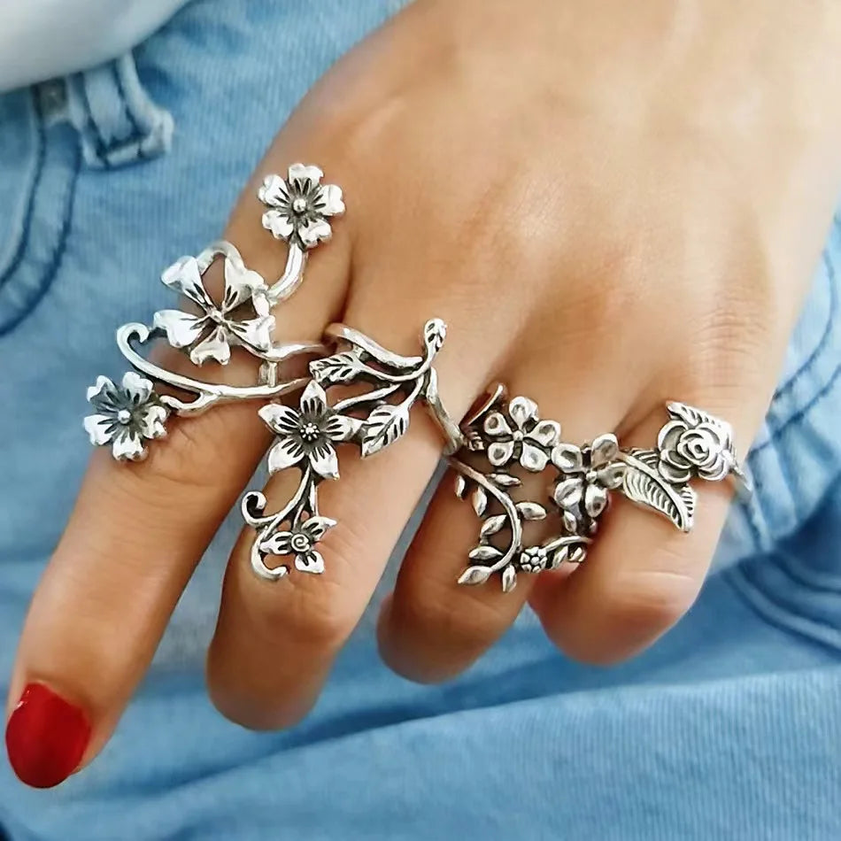 4PCS/Set Forest Vine Leaf Flower Ring Vintage Punk Antique Carved Midi Finger Ring Women Bohemian Rings