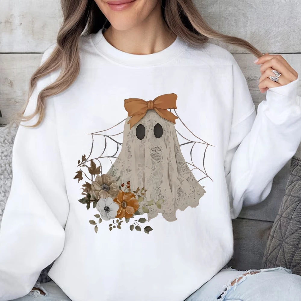 Loose Crew Neck Hoodie Cotton High Quality Soft Comfortable Halloween Cute Ghost Graphic Print Fashion Trend New Sweatshirt