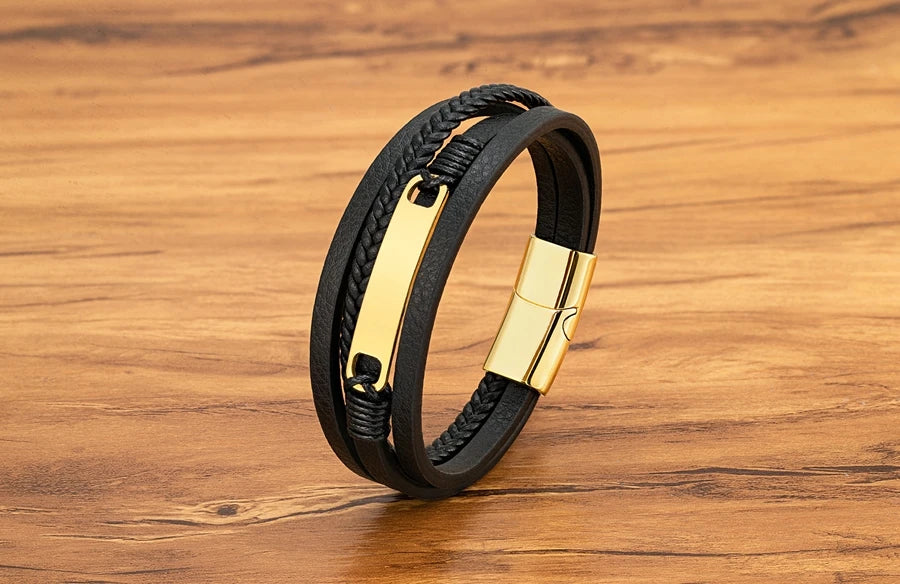 XQNI Multi-layer Braided Leather Wrap Bracelet Men Cool Trend Stainless Steel Casual Buckle Bracelet Jewelry Accessories Gift mon