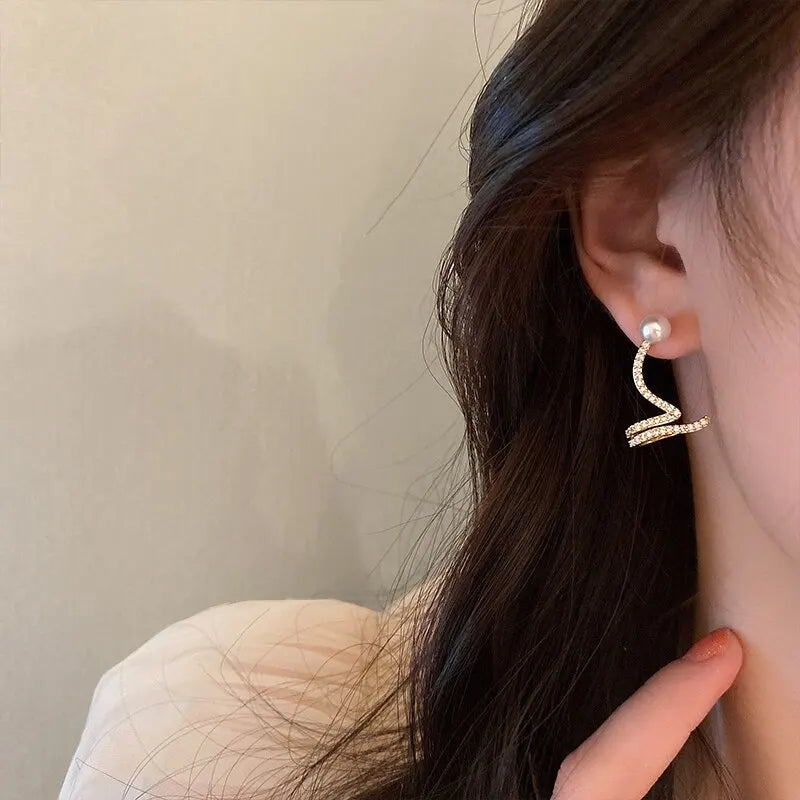 Shiny Rhinestone Imitation Pearl Stud Earrings For Women New Fashion Geometric Ear Studs Ear Bone Clip Girls Jewelry For Party