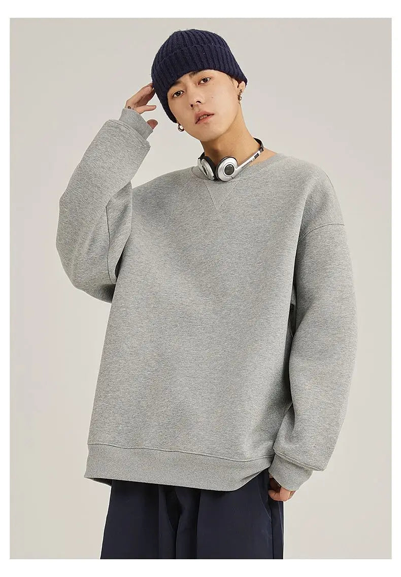 heavy cotton sweater men's autumn new loose and thick long-sleeved t-shirt solid color Japanese crew neck bottoming shirt mon