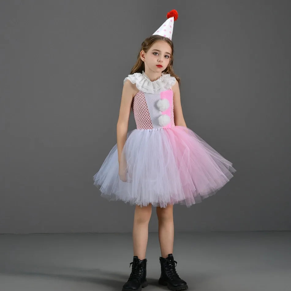 Halloween Costume For Kids Gray Girls Tutu Dress Kids Cosplay Scary Clown Costume Girl Carnival Masquerade Party Dress Up 2-12Y