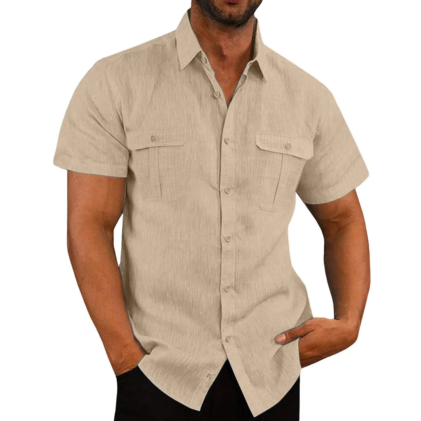 Men's Shirt Double Pocket Cotton Linen Short Sleeve Shirts for Men Casual Holiday Beach Shirt streetwear Solid Color Slim Fit mon