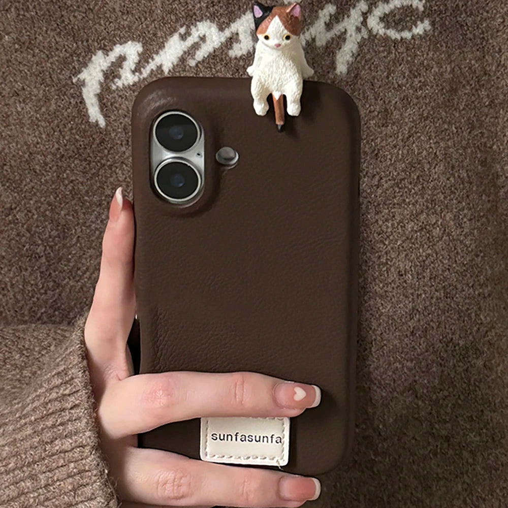 Korean Cute 3D Cat Phone Case For iPhone 16 15 14 13 11 12 Pro Max Plus X XR Lovely Kitten Soft Leather Silicone Cover Funda unique