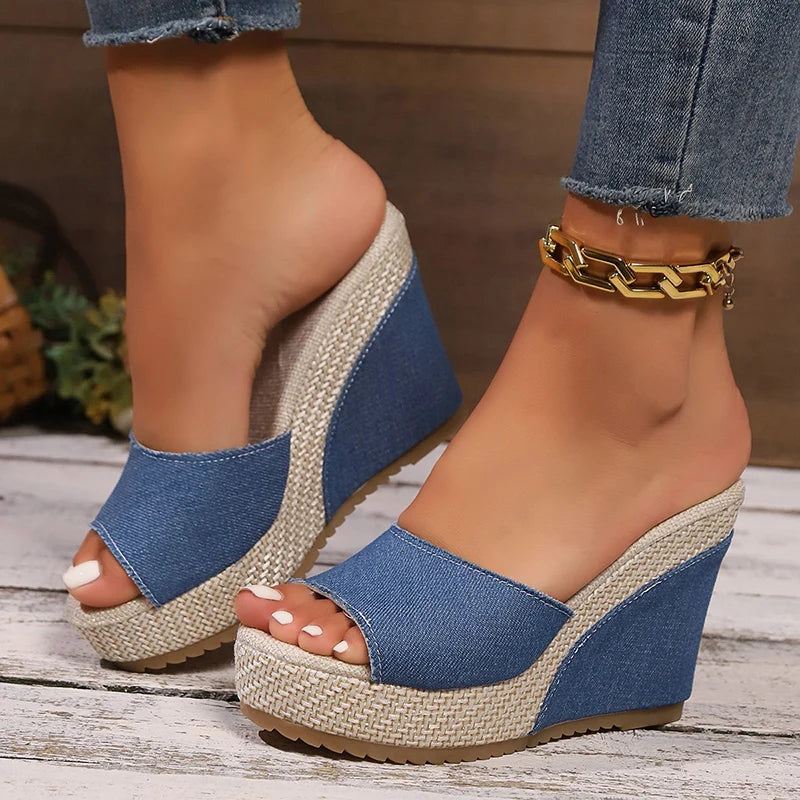 Fashion Blue Denim Wedge Sandals for Women Peep Toe Chunky Platform Slippers Woman Comfort Thick Sole Beach Slides