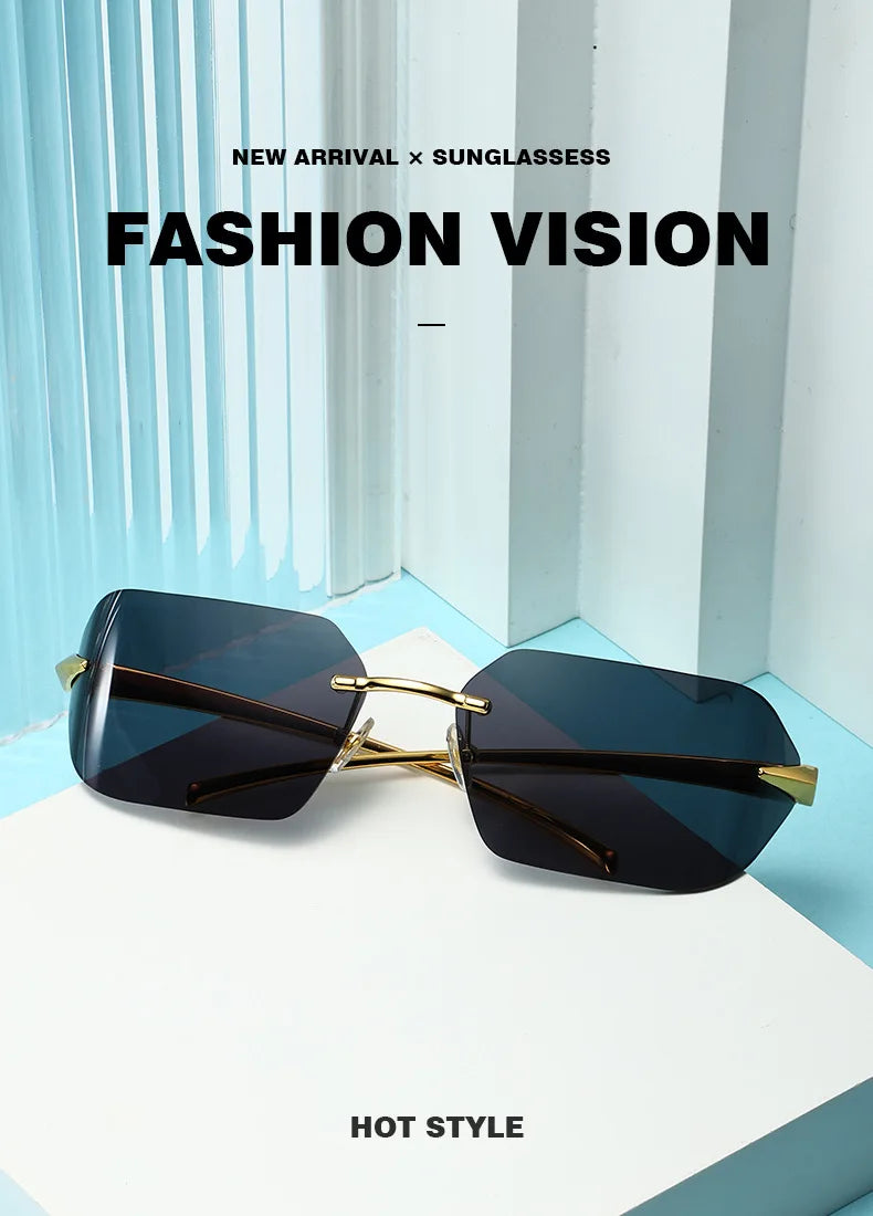 Rimless Men Sunglasses Luxury Brand Curved Lens Summer Traveling Sun Glasses for Women men Frameless Rectangle Shades mon