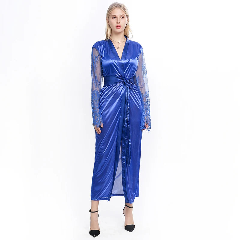 Womens Nightdress Long Lace Lingerie Nightwear Bath Robe Gown Imitation Ice Silk Nightdress Solid Color Nightgown