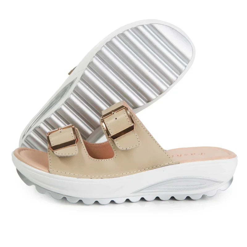 Summer Women Wedge Sandals Belt Buckle Open Toe Vintage Anti-slip Casual Female Slippers Platform Shoes Ladies Loafers