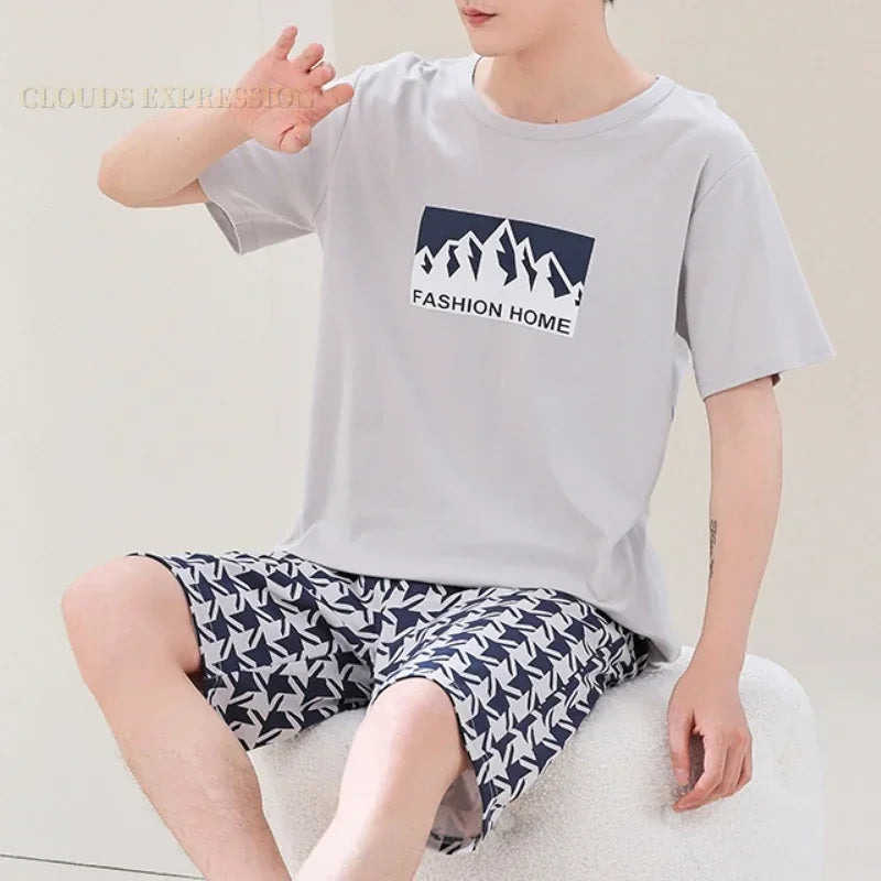 Summer 4XL Knitted Cotton Short Sleeved Men's Pajamas Sets Male Pajama Set Plaid Pajama For Men Sleepwear Suit Homewear mon