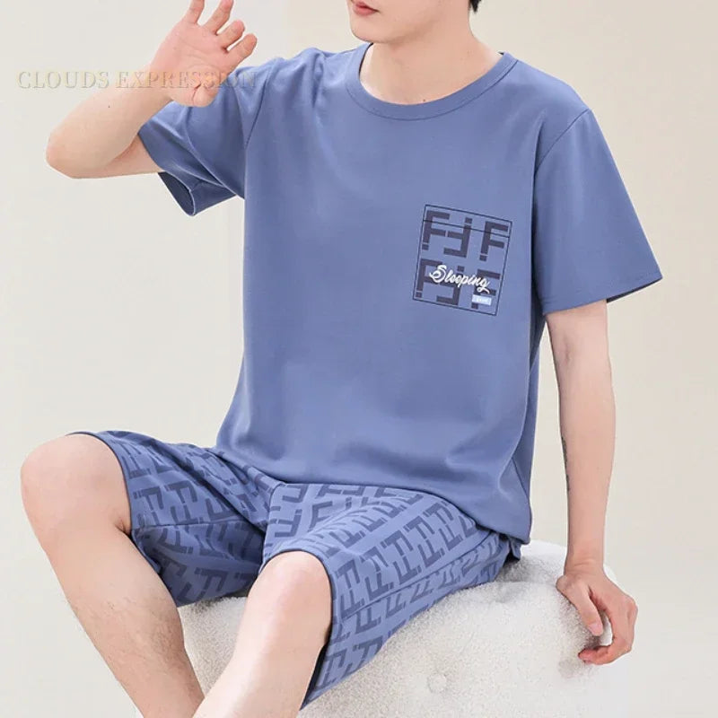 Summer 4XL Knitted Cotton Short Sleeved Men's Pajamas Sets Male Pajama Set Plaid Pajama For Men Sleepwear Suit Homewear mon