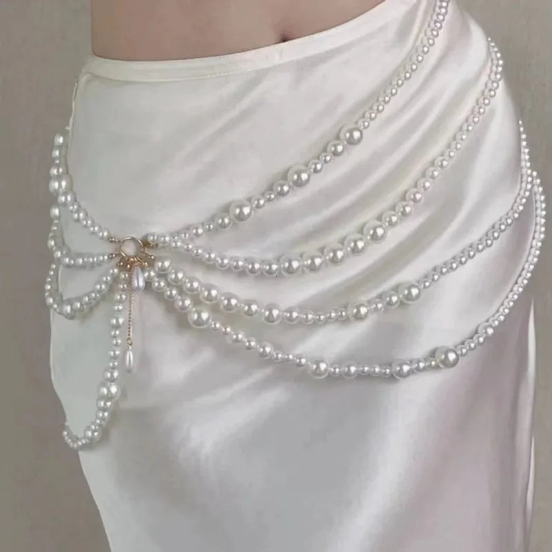 Multilayer Pearl Waist Chains for Women Imitation Pearl Metal Ring Tassel Belt Fashion Elegant Body Jewelry Clothing Accessories