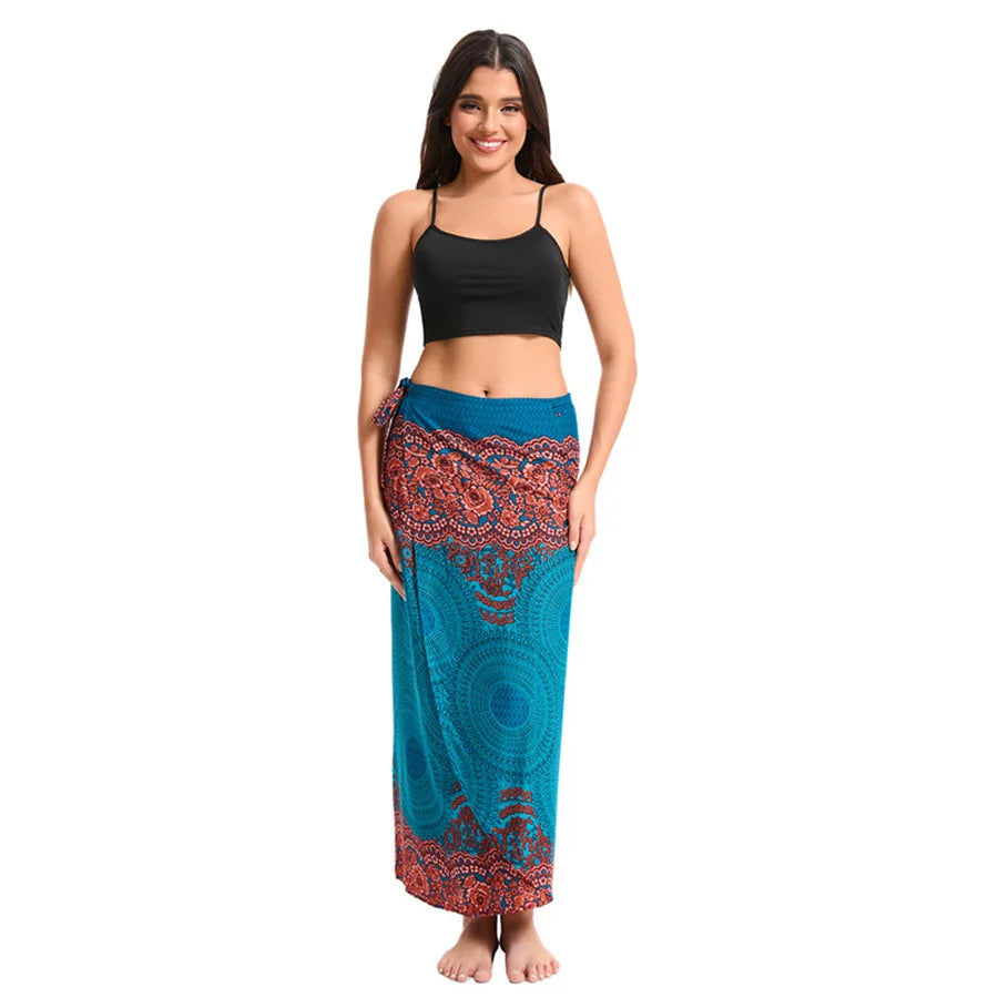 Women’s Boho Maxi Wrap Long Skirt Tie Up Beach Cover Up Dress Vintage Bohemian Adjustable High Waisted Holiday Rayon Dress