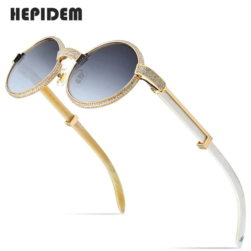 HEPIDEM High Quality Men Buffs Sunglasses Square Luxury Brand Design Diamond Sumptuous Sun Glasses Women Buffalo Horn Glasses