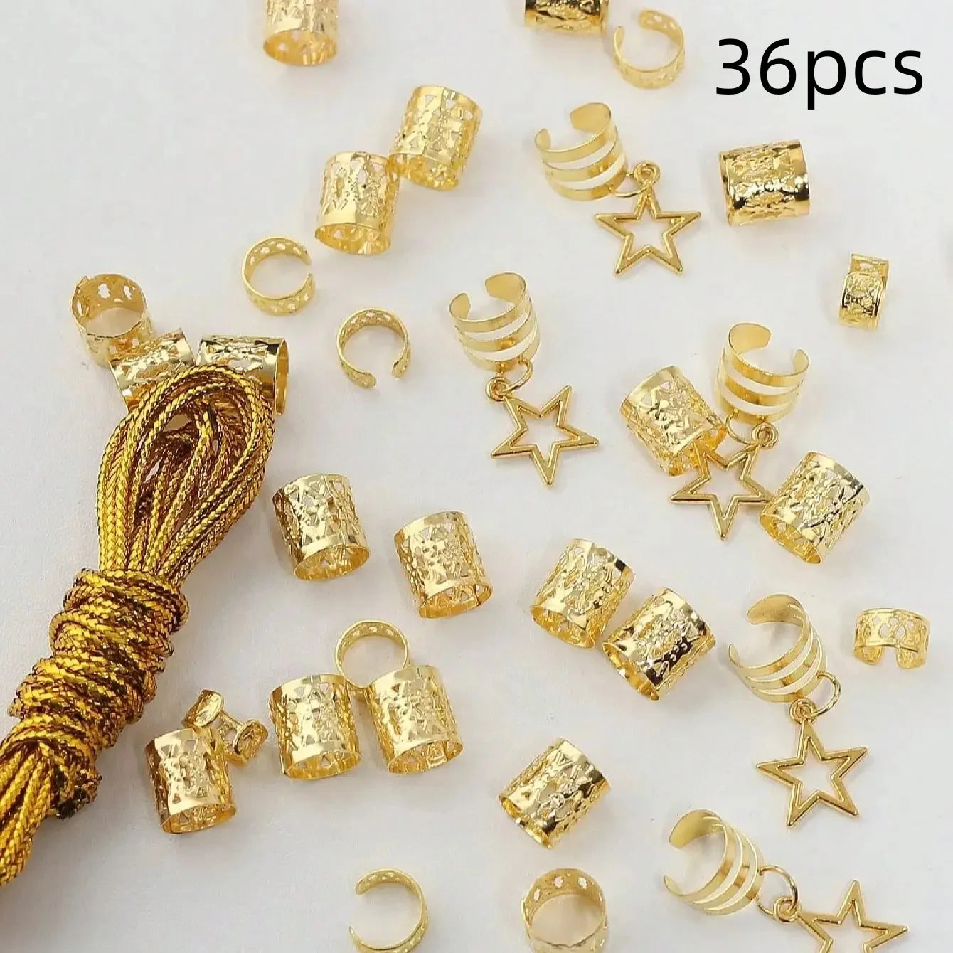 36pcs Star Decor Hair Ring Accessories ,Beads Hair Braid Rings Clips Dread Locks Hair Braiding Metal Cuffs Decoration
