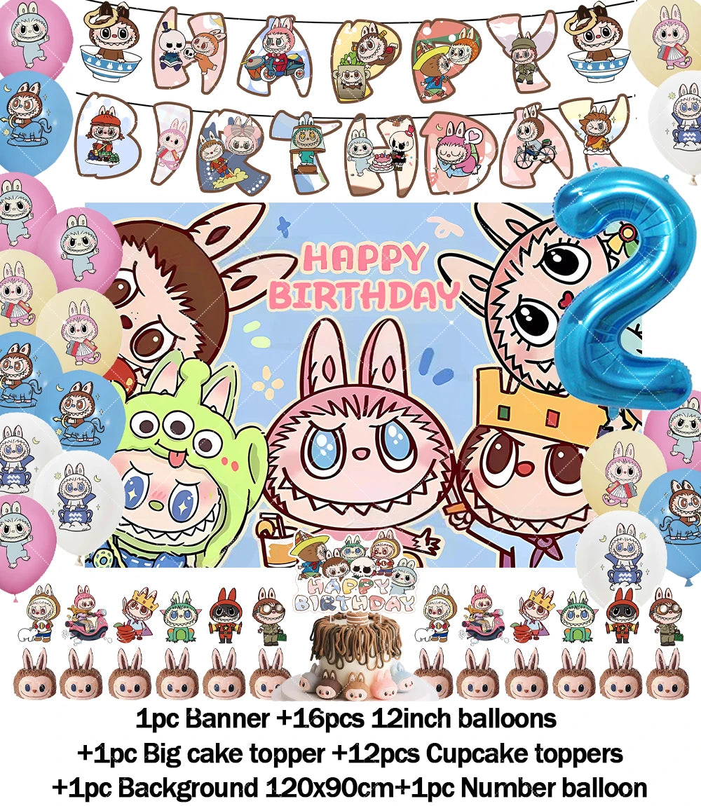 Cartoon LABUBU Theme Kids Birthday Party Banner Background Cake Topper Number Balloon Decoration Props Baby Party Supply Gifts