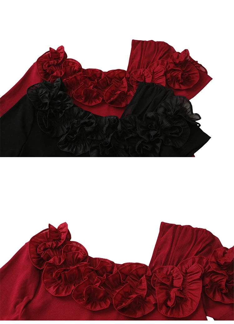 Summer Cotton T-shirts Chic Asymmetric Neckline Off-Shoulder Ruffle Trim Slim Fit Tee Exclusive Boutique Women's Casual Top