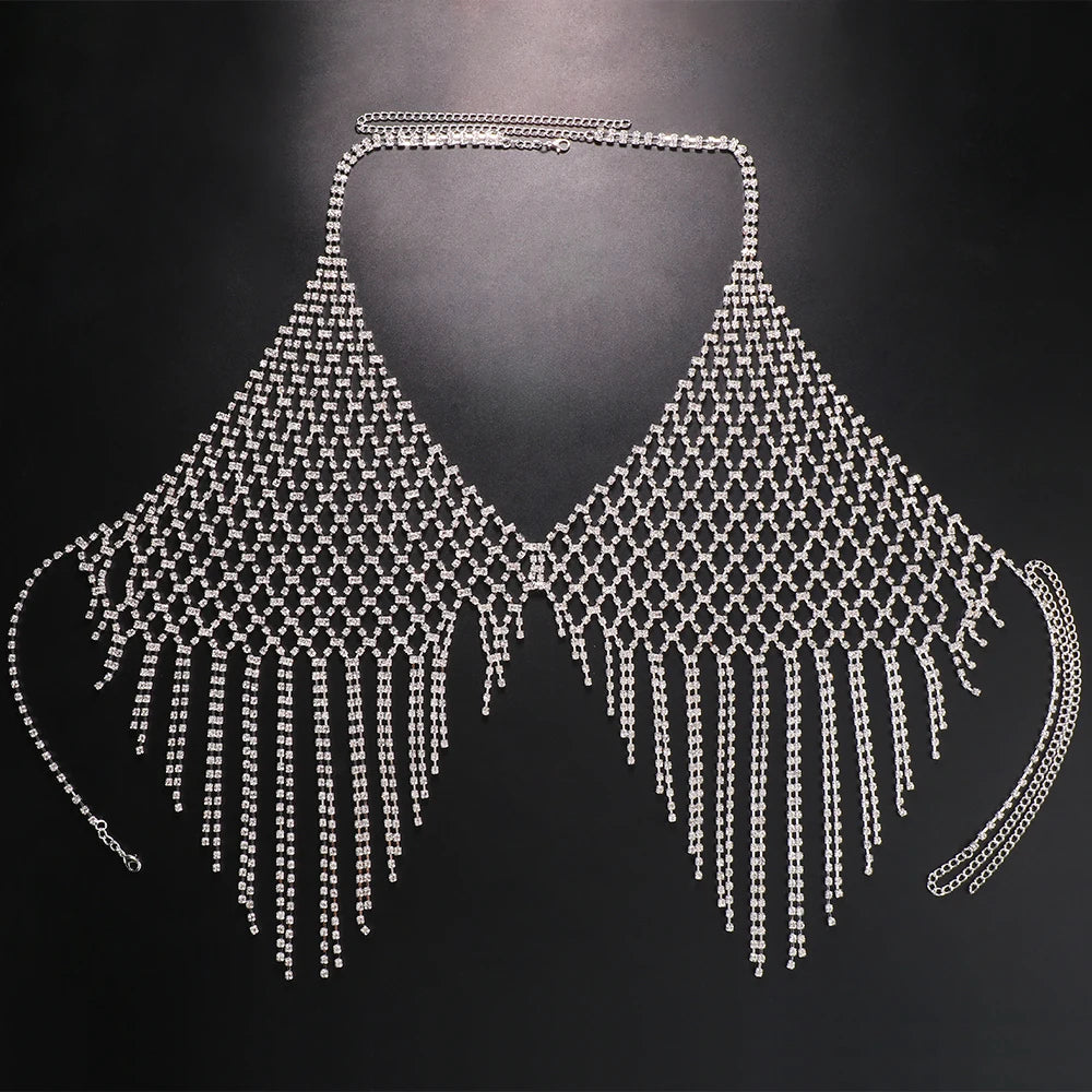Stonefans Mesh Harness Rhinestone Tassel Bra Chain Nightclub Clothing Hollow Festival Tops Crystal Body Jewelry for Women