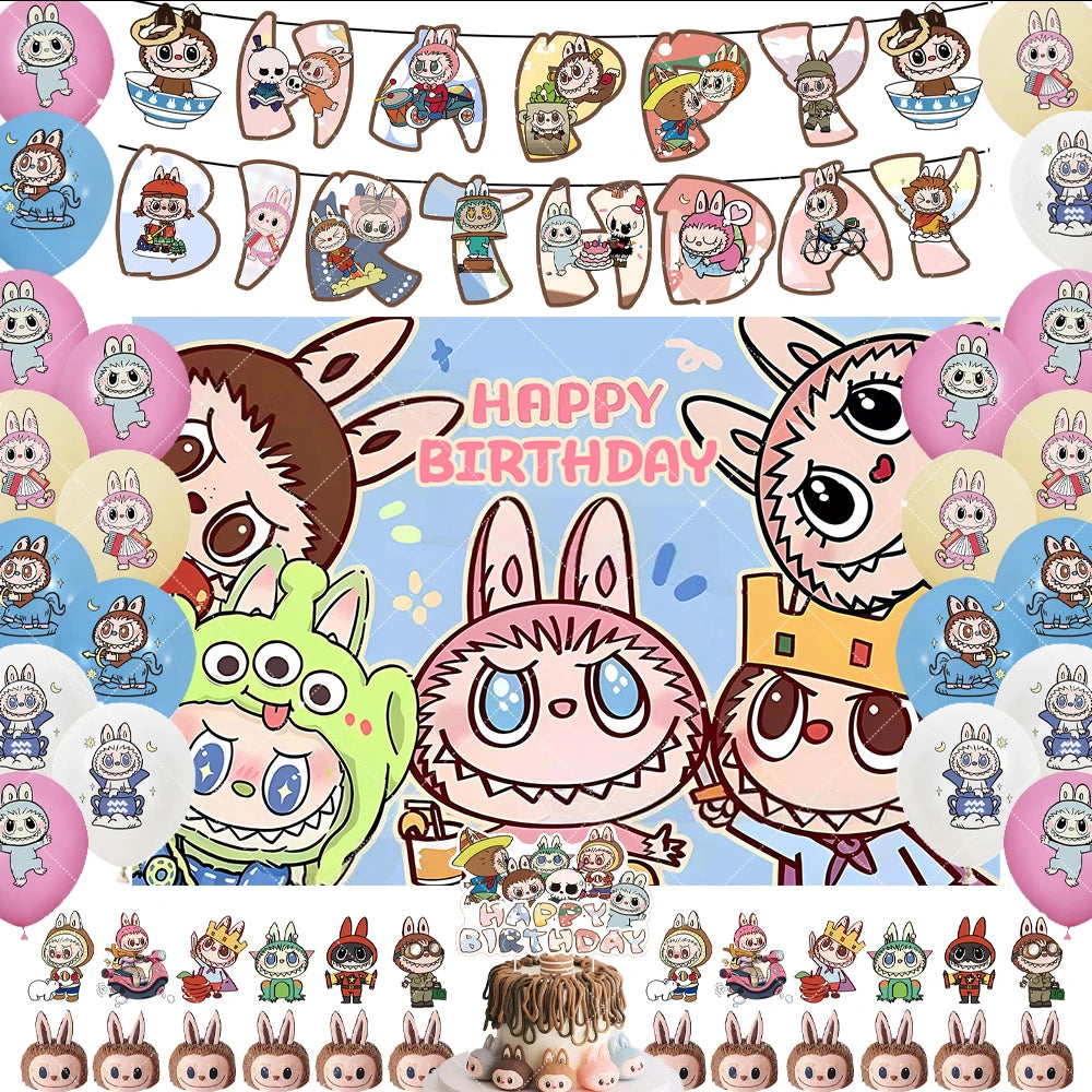 Cartoon LABUBU Theme Kids Birthday Party Banner Background Cake Topper Number Balloon Decoration Props Baby Party Supply Gifts