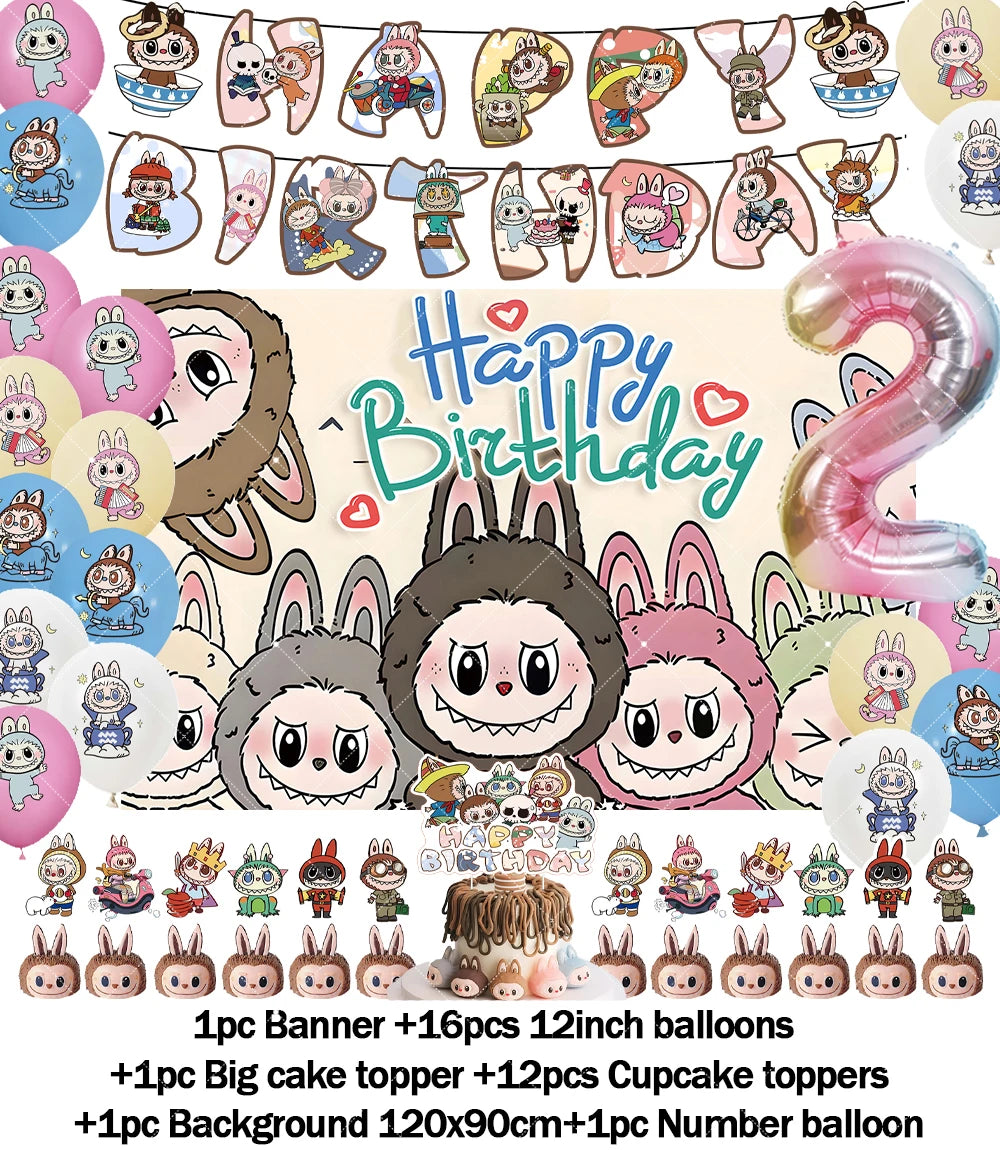 Cartoon LABUBU Theme Kids Birthday Party Banner Background Cake Topper Number Balloon Decoration Props Baby Party Supply Gifts