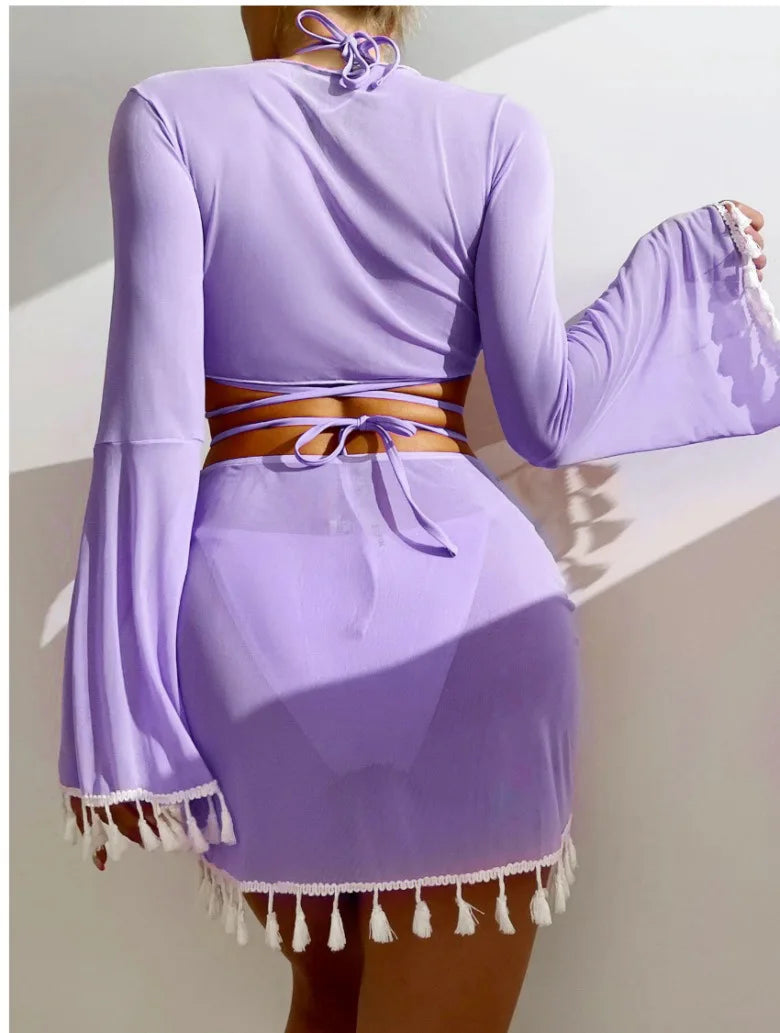 New Conservative Four Piece Solid Color Tassel Hoodie, Mesh Skirt, Bikini Swimsuit for Women