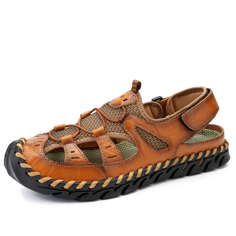 Handmade Summer Sandals Men Breathable Leather Shoes Man Retro Outdoor Men Sandals Antiskid Beach Sandals Hollow Shoes Footwear
