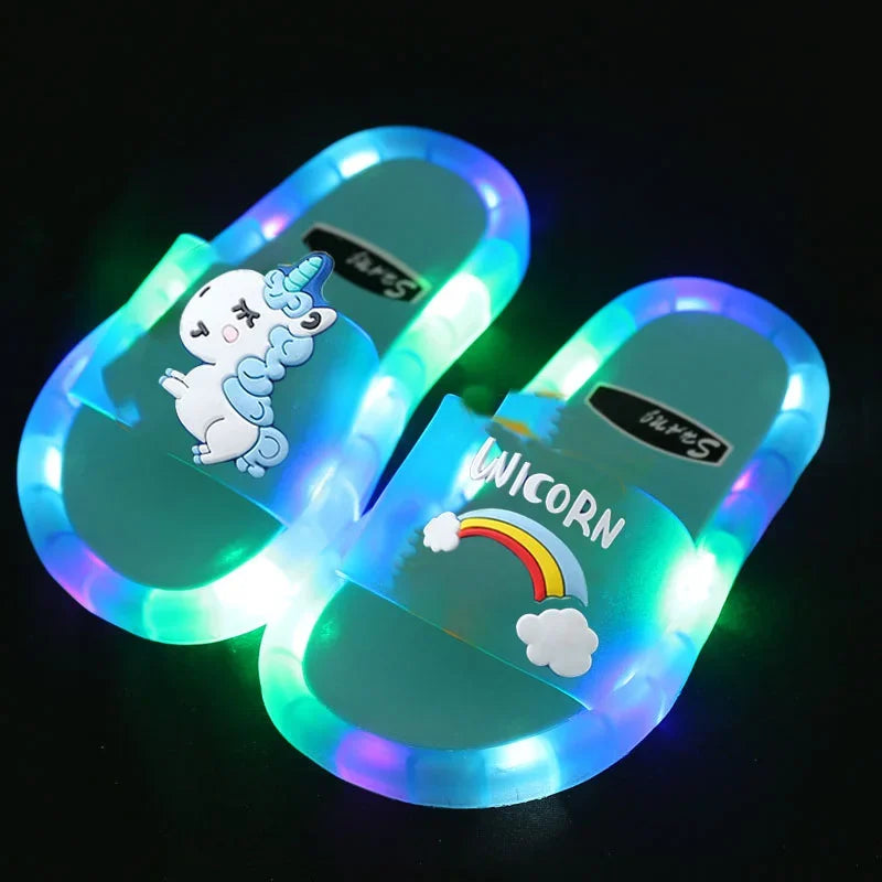 Kinder Hausschuhe für Jungen und Mädchen mit Cartoon-Einhorn-Motiv, mit Tier-Print, beleuchtet, modisch, niedlich, Schuhe, Badezimmer, Kinder, Kleinkinder, Hausschuhe, Kinderschuhe