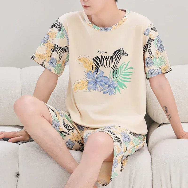 Summer 4XL Knitted Cotton Short Sleeved Men's Pajamas Sets Male Pajama Set Plaid Pajama For Men Sleepwear Suit Homewear mon