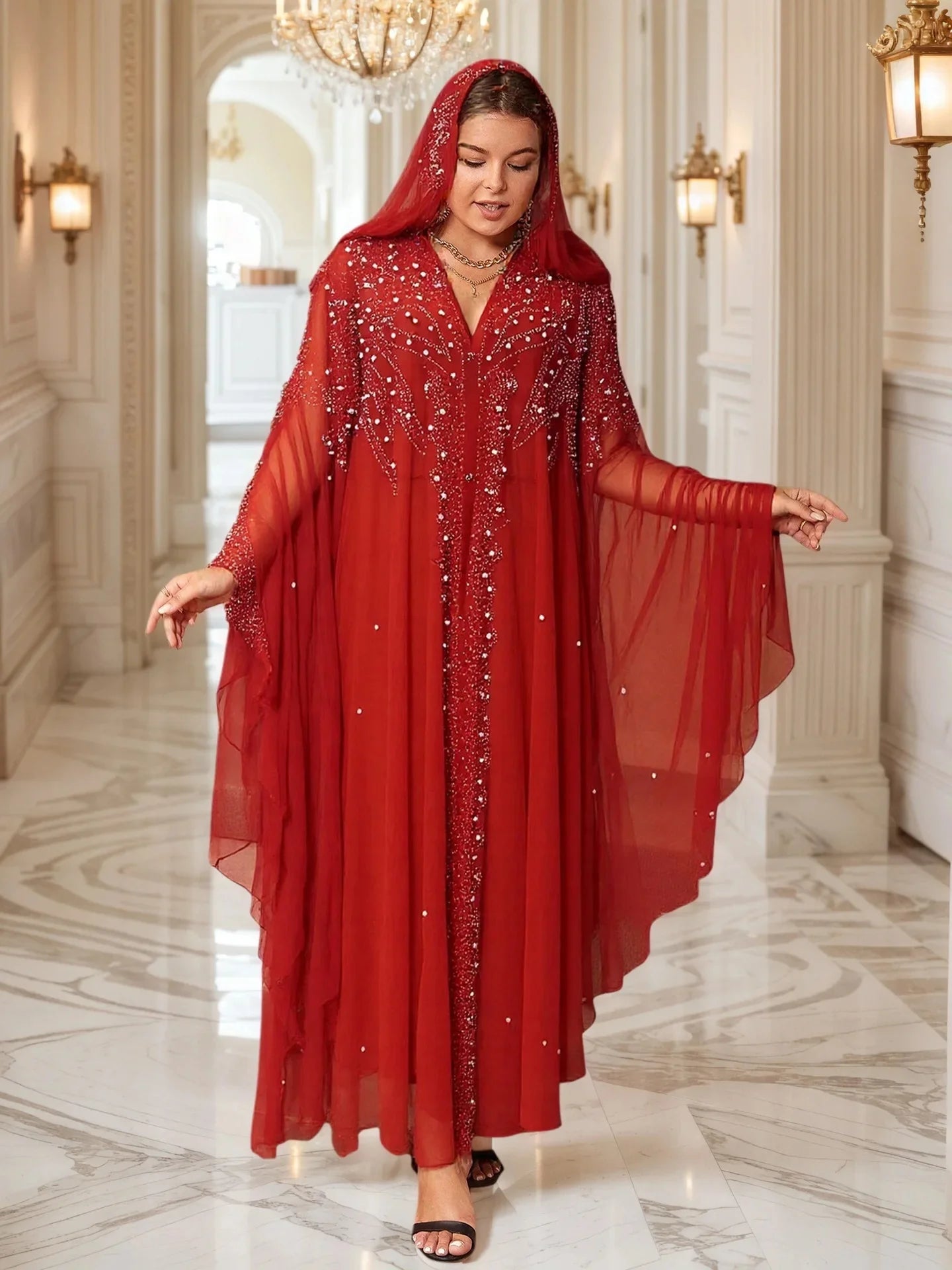 Muslim Long Robe Dubai Bead Abaya Hooded Cloak Shoulder with Hat Middle East Muslim Women's Fashion Outerwear