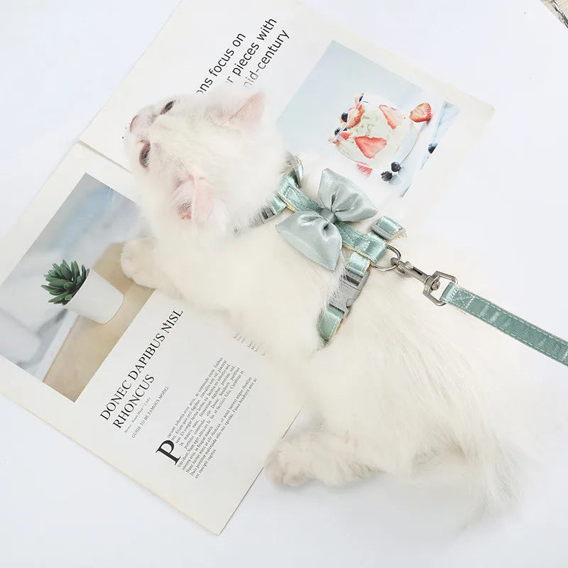 Cat Harness and Leash Adjustable Size Bling Harness with Bow Trim and Leash Rope To Keep Out Break Free Cat Walking for Cats
