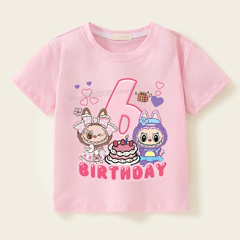 Labubu Birthday T Shirt Girl Short Sleeve Number Tees Cartoon Print Baby Cotton Tops Cute Toddler T-shirts Summer Kids Clothes