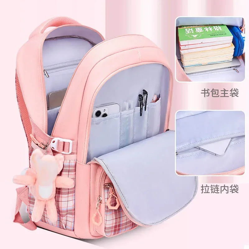 New Spine Protection Primary School Students Girls Checkered Backpack with Large Capacity Lightweight Waterproof Children's Bag
