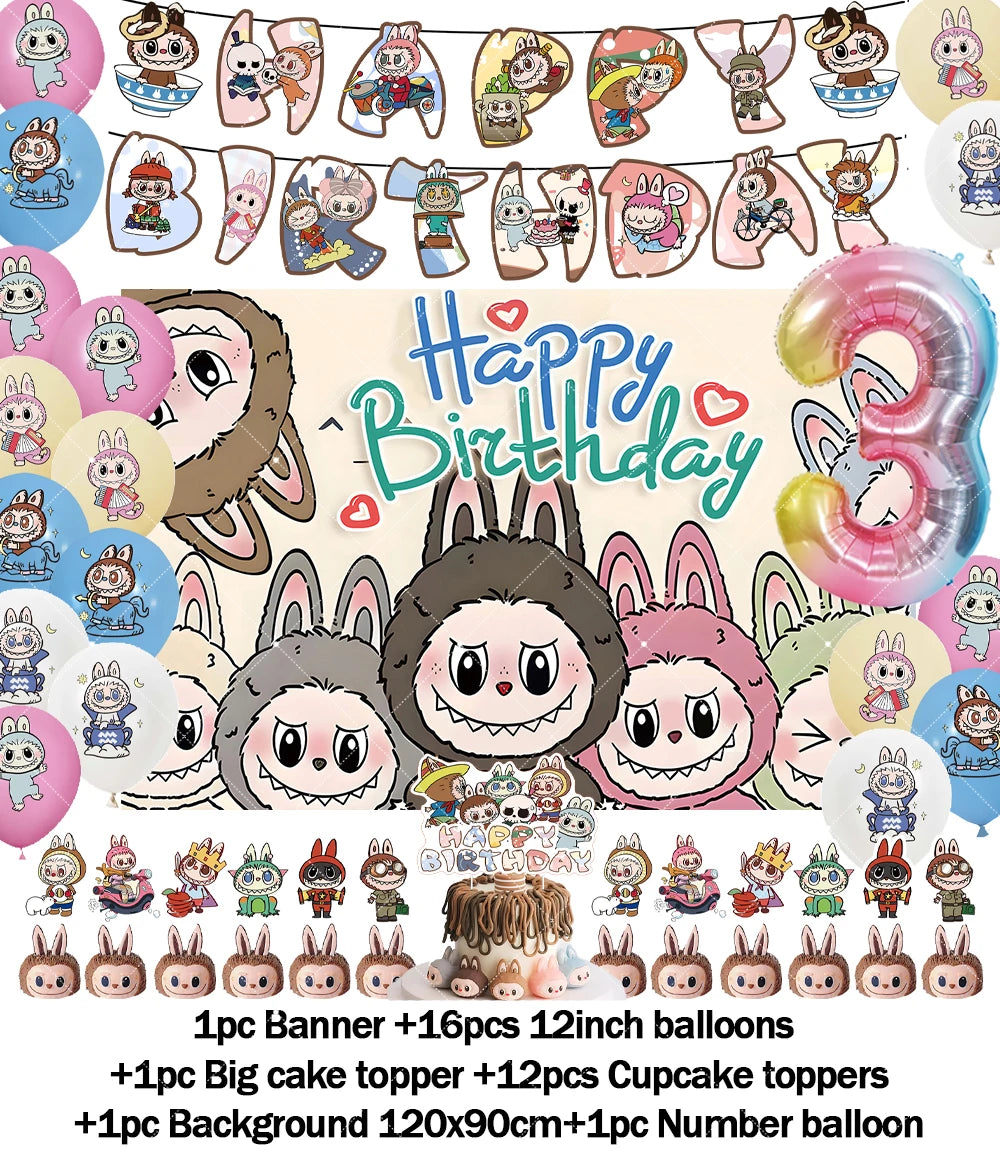 Cartoon LABUBU Theme Kids Birthday Party Banner Background Cake Topper Number Balloon Decoration Props Baby Party Supply Gifts